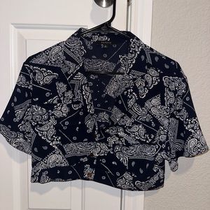 Papaya Cropped Navy Blue Bandana Button Down